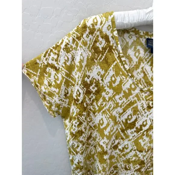 PENDLETON | Yellow Ikat Petite Linen V-Neck Top Boho Summer | Large - Picture 4 of 8